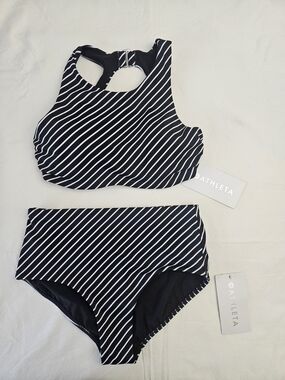 Athleta Black & White Striped High-Neck Bikini Set